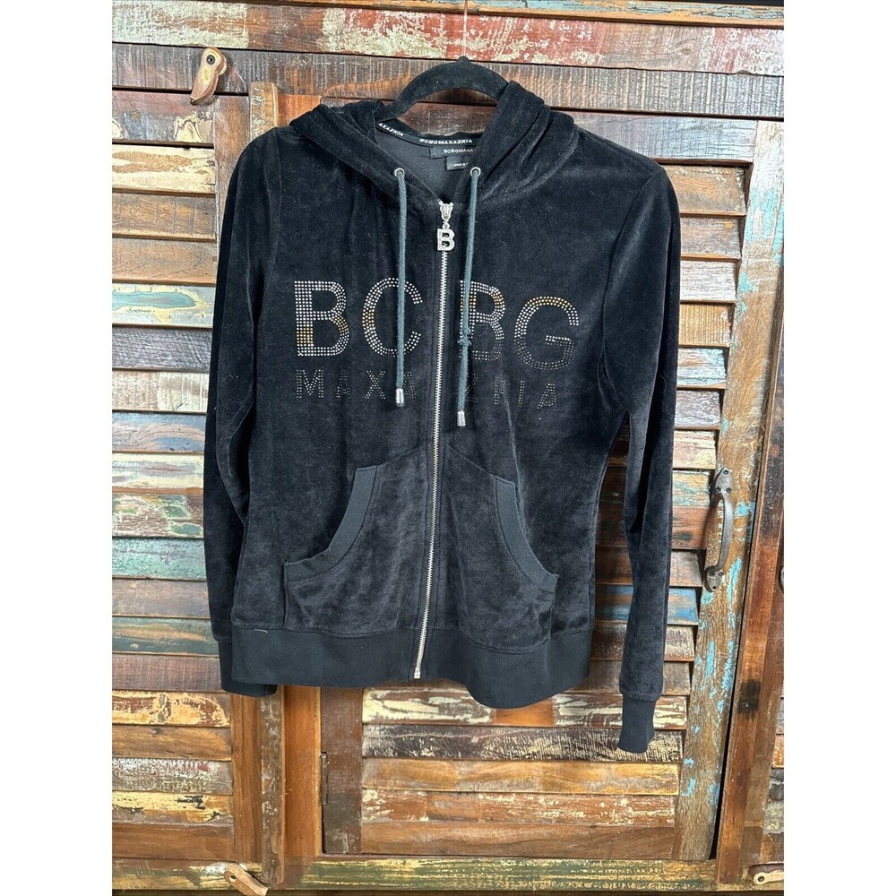 Vtg BCBG Maxazria Womens Black Bedazzled Zip Up Velour Hoodie Sz M‎ Studded Y2K